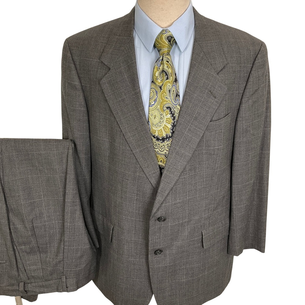 Hart Schaffner Marx Suit Mens 44R Gray‎ Glen Plaid Neutral Union USA Wool VTG